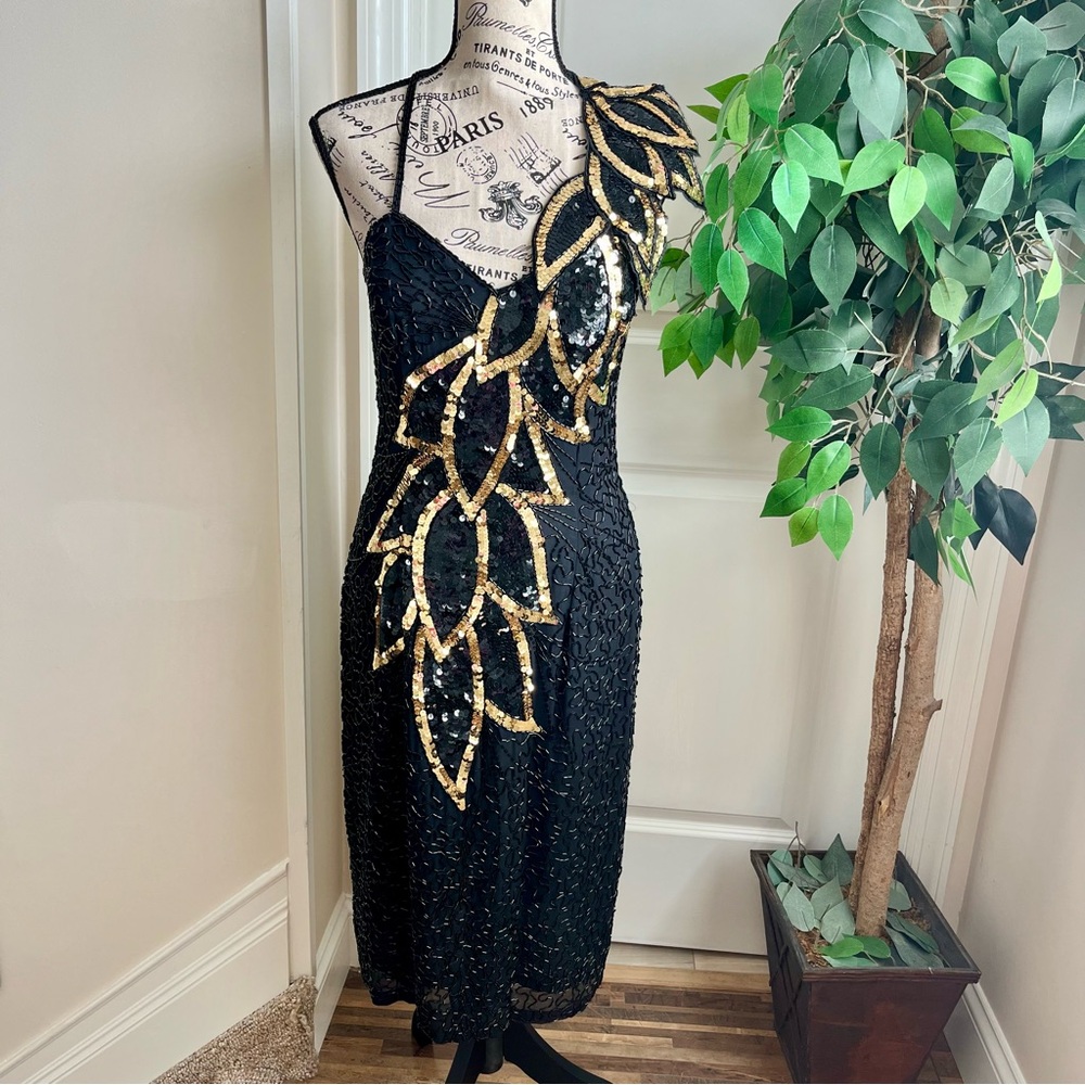 Black Tie by He-Ro Industries Vintage Beaded Sequin Cocktail Dress Black Sz 10